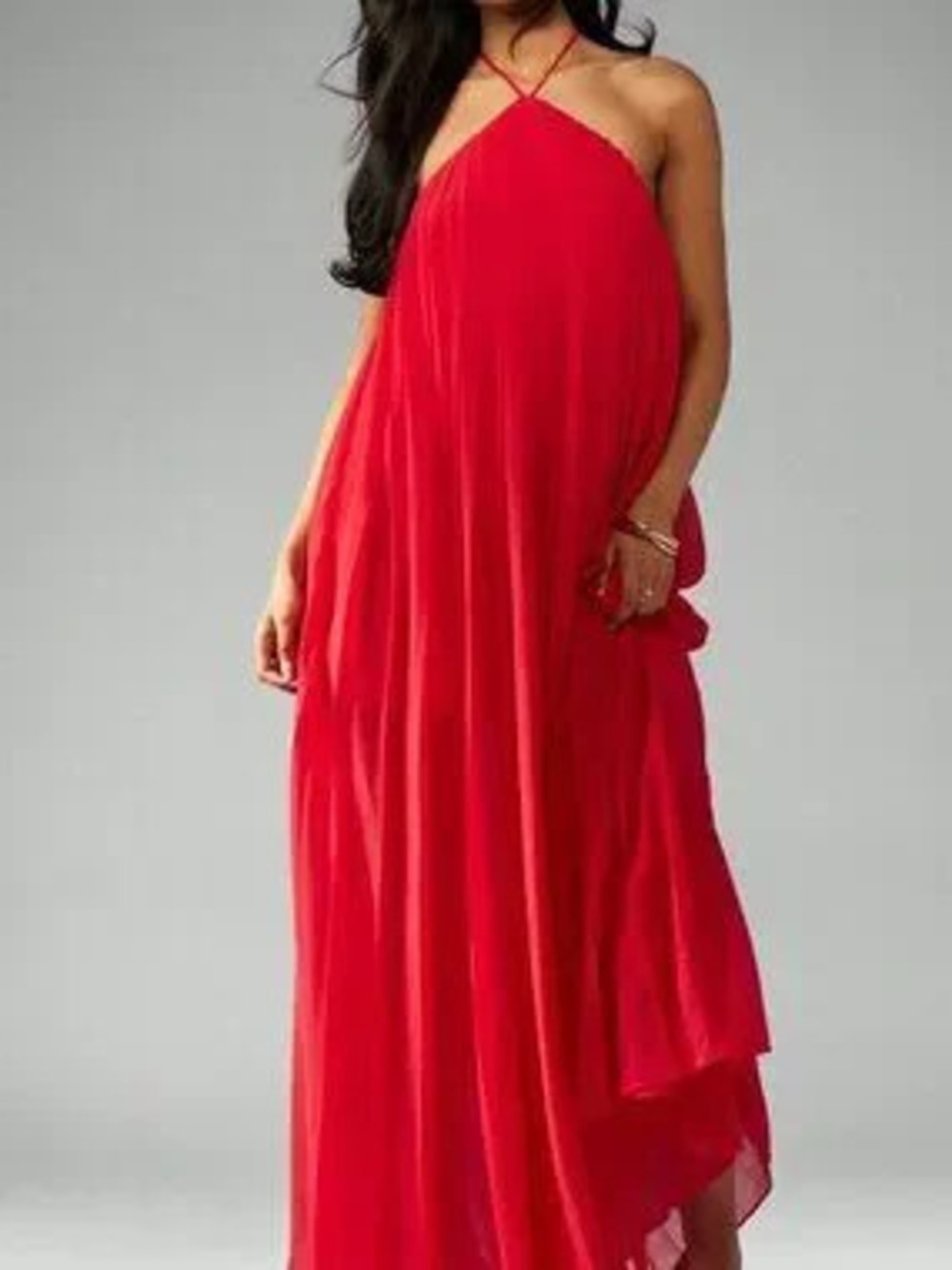 Red Casual Women's Pleated Maxi Halter Dress